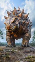 Fototapeta premium A large, spiked dinosaur-like creature stands majestically in a natural landscape under a cloudy sky.