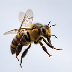 A large yellow and black bee with a stinger, flying and facing the camera