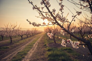 Fototapeta premium Vintage Cherry Orchard Sunset: Blossoming Branches & Golden Hour Light