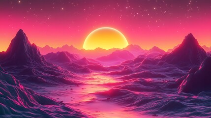 Fototapeta premium Vibrant Retro Sunset: Digital Painting of a Striking Alien Landscape. AI Generated