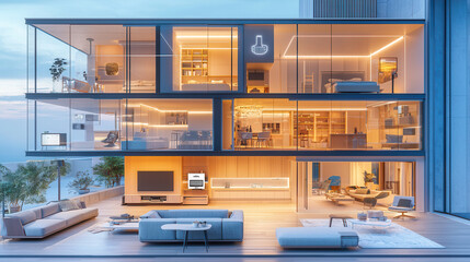 Fototapeta premium modern IoT living room featuring advanced home security and sleek design. spacious layout showcases smart technology and elegant furnishings