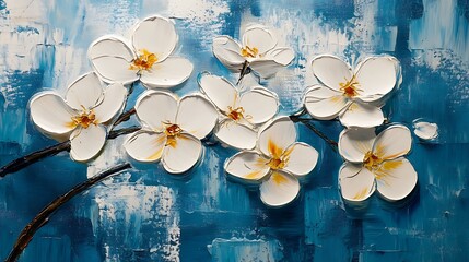 Stunning Impasto Painting: White Blossoms Gracefully Flourish on Textured Blue Canvas. AI Generated