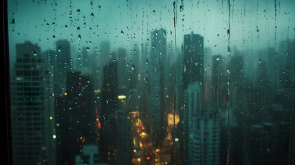 Fototapeta premium Window covered in rain droplets, with each bead of water reflecting soft light