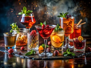 Vintage Cocktails: Dark Background, Assorted Alcoholic Drinks, Retro Photography