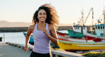 Energetic young african female jogging along the harbor with colorful boats