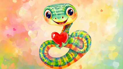 Fototapeta premium Gem-Encrusted Snake Coiled Around a Chrome Heart – Luxurious and Romantic Artwork