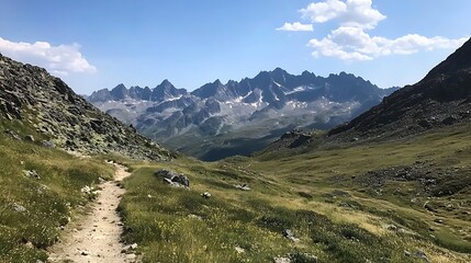 Fototapeta premium Stunning Wide Shot Photo: Majestic Mountain Range Trail on a Sunny Summer Day. AI Generated