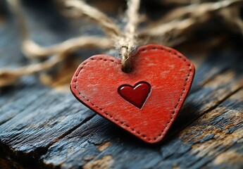 Fototapeta premium A Red Heart with a Heart on a String for a Sweet Valentine’s Day Decoration.
