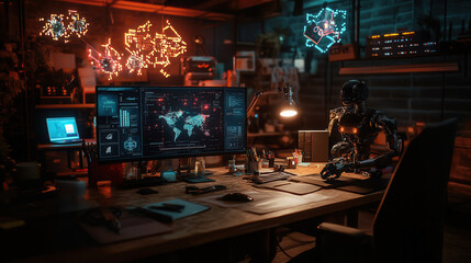 robotic assistant helping entrepreneur in modern office environment, showcasing technology and innovation