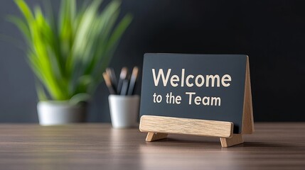 Welcome Sign for New Employee Onboarding with Green Plant in Background and Office Supplies, Creating a Positive Work Environment