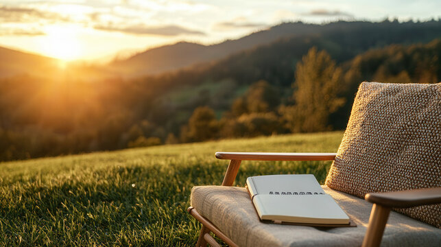 serene landscape featuring cozy chair and open journal at sunset, inviting relaxation and reflection