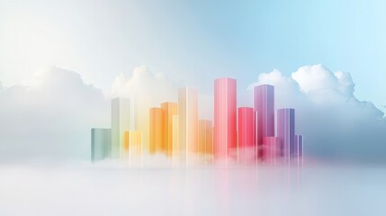 Fototapeta premium Abstract cityscape with colorful skyscrapers emerging from soft clouds, representing modern architecture and innovation in a serene dreamy atmosphere