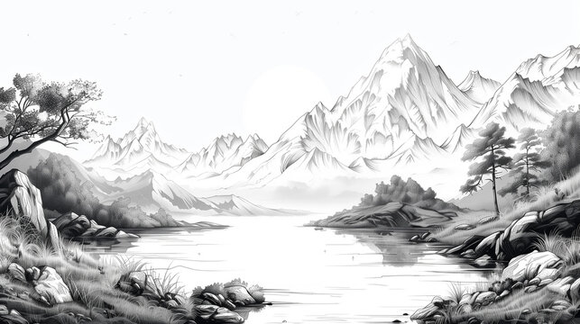Dessin en noir et blanc d'un panorama de montagnes et reliefs vallonn&eacute;s rocheux, paysage montagne champ&ecirc;tre et sauvage avec crat&egrave;res, for&ecirc;t et lac