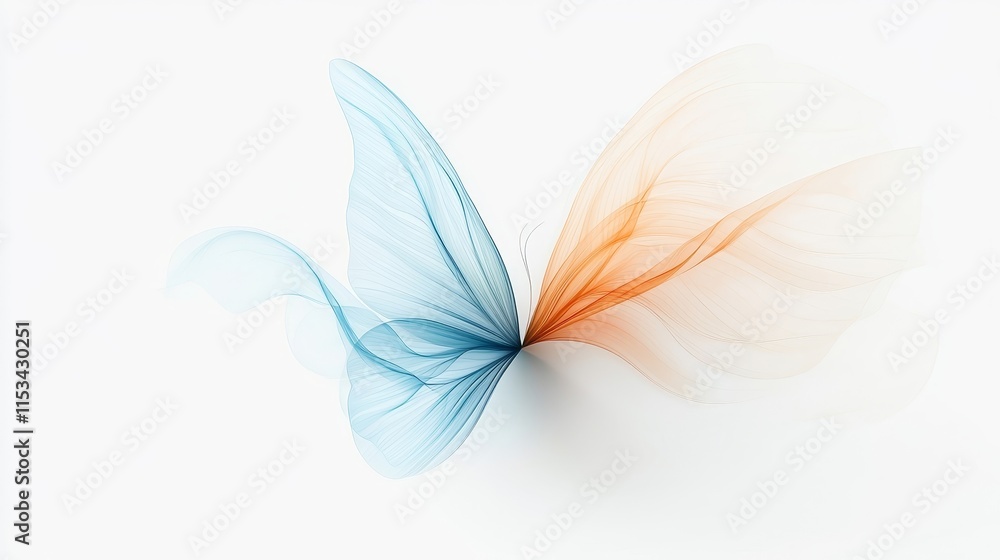 Poster delicate and ethereal butterfly design with fluid lines in blue and orange on a minimal white backgr