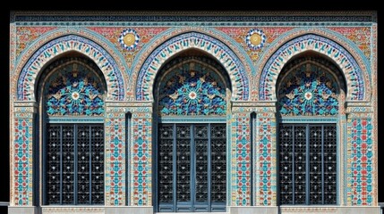 Obraz premium Colorful mosaic facade with three arched doorways.