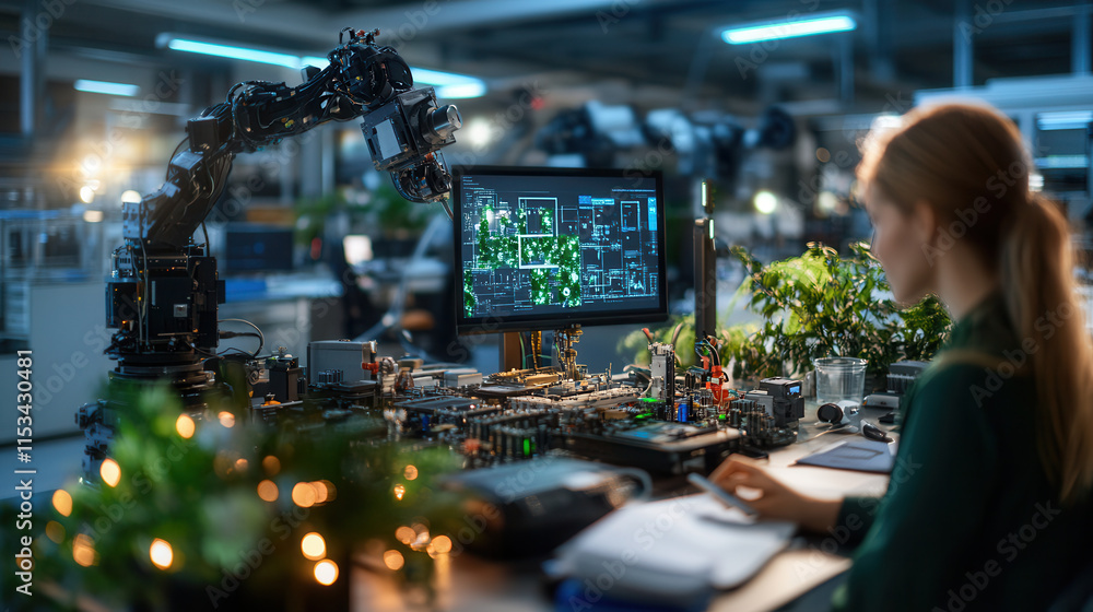 Poster sleek robotic arm assembling prototype in modern workspace, showcasing advanced technology and innov