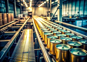 Vintage Factory: Conveyor Belt of Metal Cans, Industrial Production Line, Retro Manufacturing