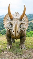 Fototapeta premium A realistic depiction of a Triceratops in a natural landscape.