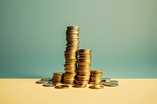 Stack of shiny euro coins arranged on a green minimalistic background. A simple and elegant representation of money, currency, and financial concepts such as banking, savings, and treasury