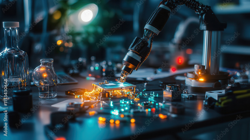Poster sleek robotic arm assembling prototype in modern lab environment, showcasing advanced technology and