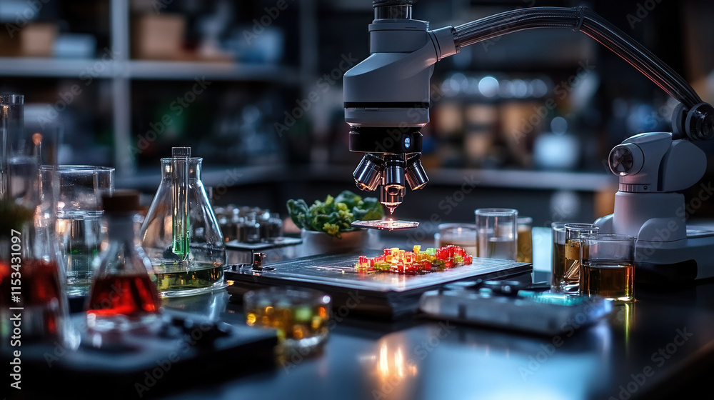 Poster sleek robotic arm operates microscope, analyzing colorful samples in modern lab. atmosphere is vibra