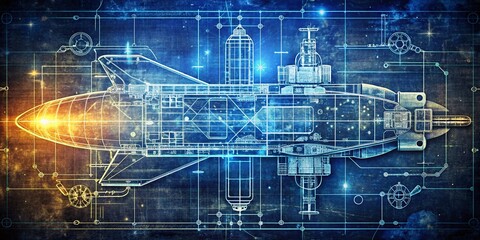 Vintage Futuristic Spaceship Blueprint: Ignited Engines & Schematic Overlay