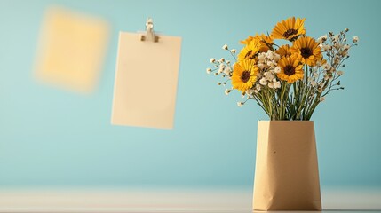 Presenting gratitude a bouquet of flowers with a thank you note on a clean surface indoor setting warm atmosphere