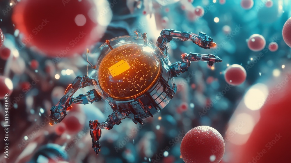 Poster a highly detailed futuristic nanobot floats among red spherical structures in a microscopic environm