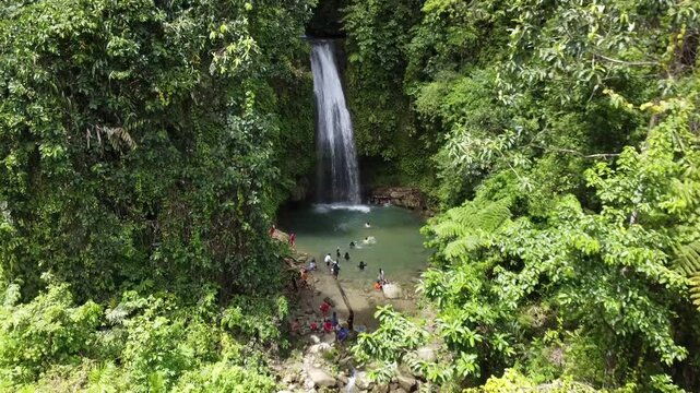Mentawai Islands Regency, West Sumatra, February 9, 2024: Aerial video of the Kulukubuk waterfall tourist attraction, Madobag Village, South Siberut, Mentawai Islands Regency.