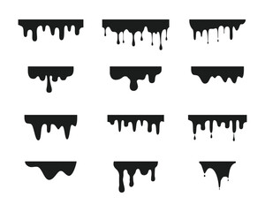 Black liquid drips or liquid sauce drops, seamless drops of paint, ink, slime, blood, chocolate on white background. Top banner with silhouettes of fluid dribbles.