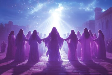 A mystical gathering of ethereal figures shrouded in purples, creating a serene, divine atmosphere with light emanating from above.