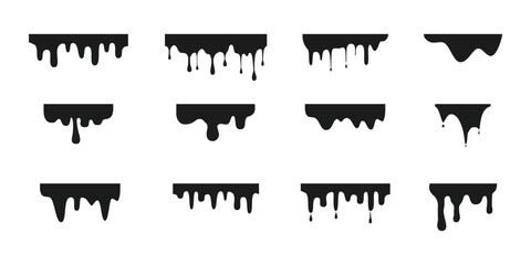Black liquid drips or liquid sauce drops, seamless drops of paint, ink, slime, blood, chocolate on white background. Top banner with silhouettes of fluid dribbles.