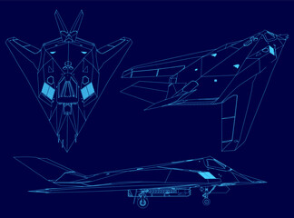 Blue contour drawing of a fighter jet is shown. The jet is shown from different angles, including the front, back, and side
