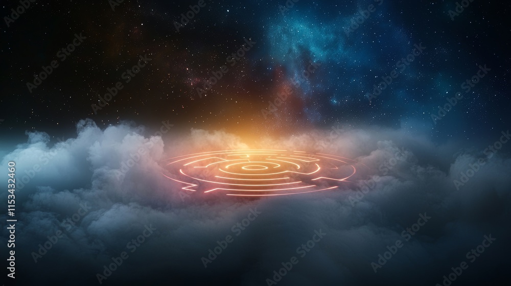 Poster ethereal maze floating above clouds with cosmic backdrop, enveloped by stars and nebulae, illuminate