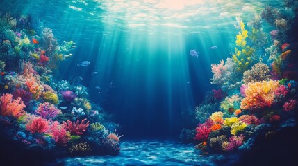 Fototapeta premium Vibrant Coral Reef Underwater Scene With Colorful Fish