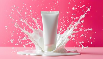 White cosmetic tube immersed in a milk splash on a pink background.