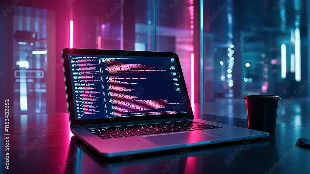 Poster a futuristic workspace with a laptop displaying vibrant code, bathed in a moody combination of blue 
