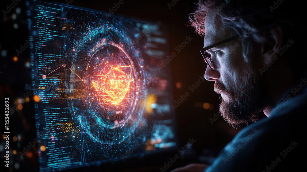 Poster young entrepreneur coding on futuristic transparent screen, immersed in technology and innovation, s