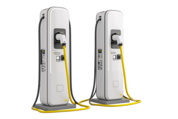 a couple of white electrical charging stations