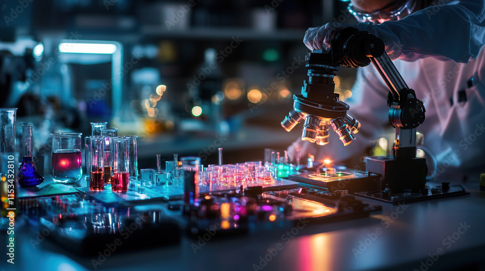 Poster scientist using microscope in laboratory filled with colorful liquids and glassware, showcasing inno