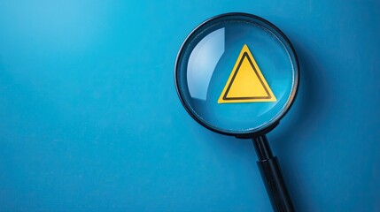 A blue background with a yellow caution triangle within a magnifying glass