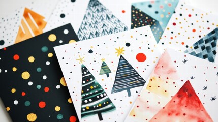Obraz premium Colorful Christmas cards featuring artistic designs and decorations in a festive arrangement for holiday greetings. Generative AI
