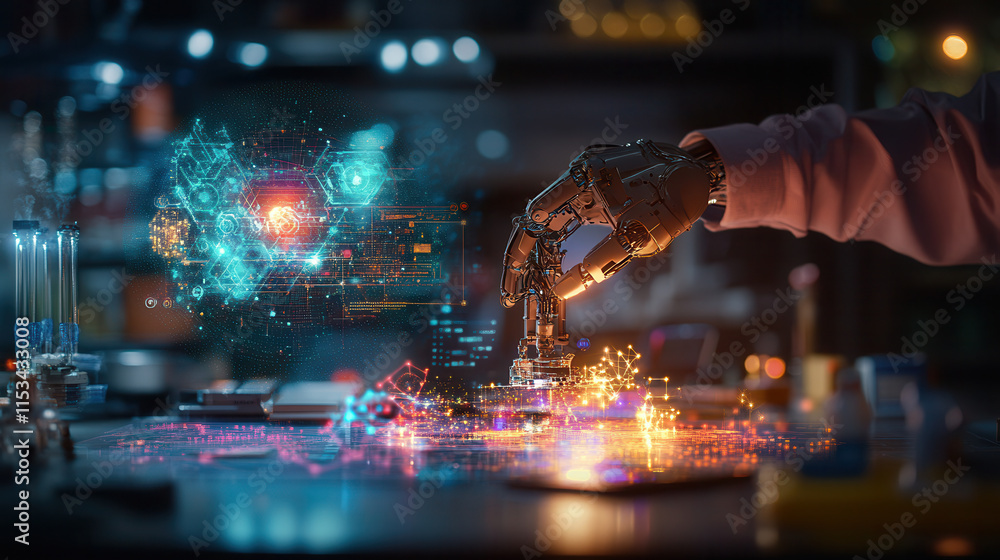 Poster robotic arm interacts with holographic data in modern lab setting, showcasing innovation and technol