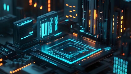 Fototapeta premium Futuristic Digital Circuitry: Exploring Advanced Technology's Sleek Design and Complex Interactions with Neon Glow, Illuminating Modern Innovation.