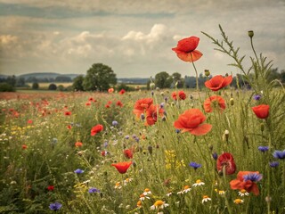 Obraz premium Vintage Impressionist Watercolor Poppies & Wildflowers Summer Meadow