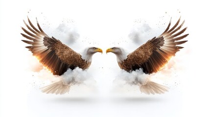 Fototapeta premium Majestic Bald Eagles in Dynamic Display with Flared Wings Amidst Dramatic Clouds and Warm Light Symbolizing Freedom and Strength in Nature