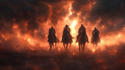 Fototapeta premium a dramatic scene of the horsemen galloping across a barren desert under a stormy sky, with lightning illuminating their dark figures. 