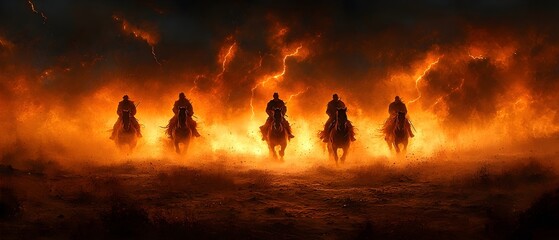 Fototapeta premium a dramatic scene of the horsemen galloping across a barren desert under a stormy sky, with lightning illuminating their dark figures. 