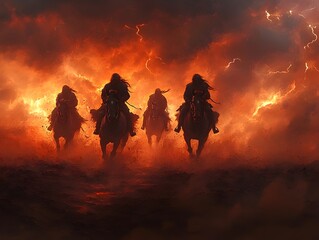 Fototapeta premium a dramatic scene of the horsemen galloping across a barren desert under a stormy sky, with lightning illuminating their dark figures. 
