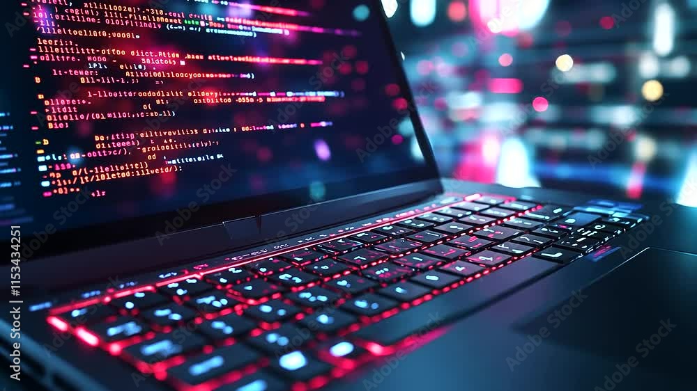Poster a high-contrast image of a laptop displaying vibrant code, with glowing keyboards and dimly lit moni